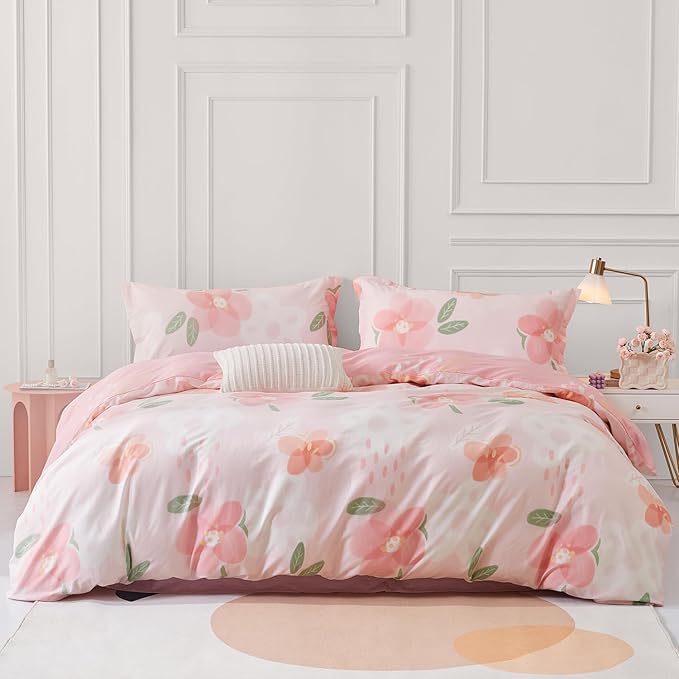 SAPHREAS Pink Floral Duvet Cover Set 3pcs King Size Botanical Blossom Flower Pattern Bedding Comforter Cover Set 100% Cotton 1 Duvet Cover 104"x90" 2 Pillow Shams, Comforter Not Included