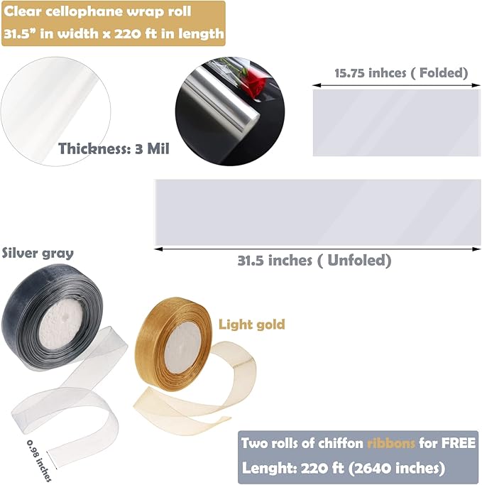 Clear Cellophane Wrap Roll 31.5" Wide x 220 Ft Long, 3 Mil Thick Plastic Wrapping Paper for Gift Baskets Heavy-duty Transparent Cellophane Wrap Sheets for Flower Bouquets, Arts & Crafts Food Safe, 2