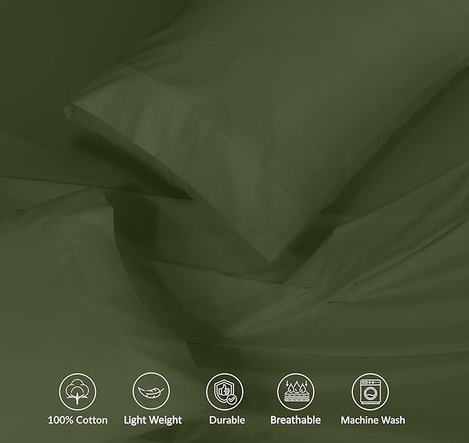RUVANTI 100% Cotton Sheets Queen Size Set, 4 Pieces, Soft & Breathable Percale Weave Bedding, Deep Pocket 16", Hotel Standard, Crisp Cool Feeling, Durable, Perfect Dyed Bed Sheet, Chive