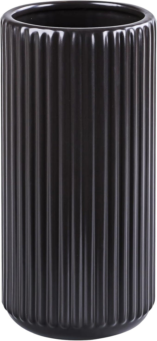 Black Ceramic Flower Vase for Pampas Grass, 8 inch Small Decorative Centerpiece Ribbed Vase for Dining Table, Office Desktop, Shelf Bookshelf, Mantel, Entryway, Bathroom, Countertop, Farmhouse, Gift