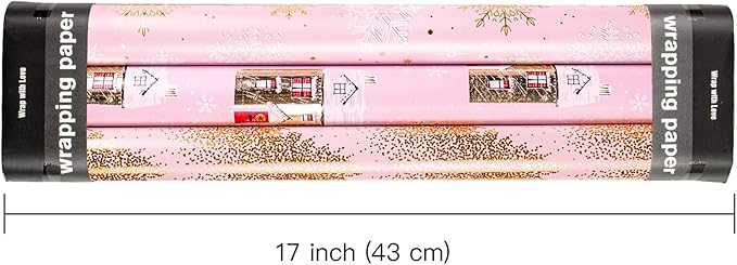 WRAPAHOLIC Christmas Wrapping Paper Roll - Mini Roll - 3 Rolls - 17 Inch X 120 Inch Per Roll - Pink and Gold House, Christmas tree, Snowflake Holiday Collection with Metallic Foil Shine