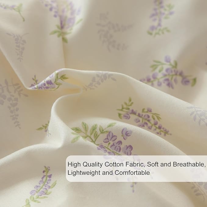 EAVD Girls Floral Duvet Cover Twin Soft 100% Cotton Chic Purple Lavender Floral Bedding Set with 2 Pillowcases Fresh Garden Botanical Duvet Cover with Zipper Closure Ties