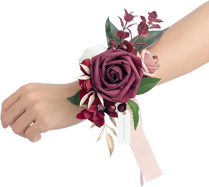 Ling's Moment Set of 6 Wrist Corsage for Wedding Ceremony for Bridesmaid Mother Grandmother for Bridal Shower Wedding Flower Prom, Marsala & Burgundy