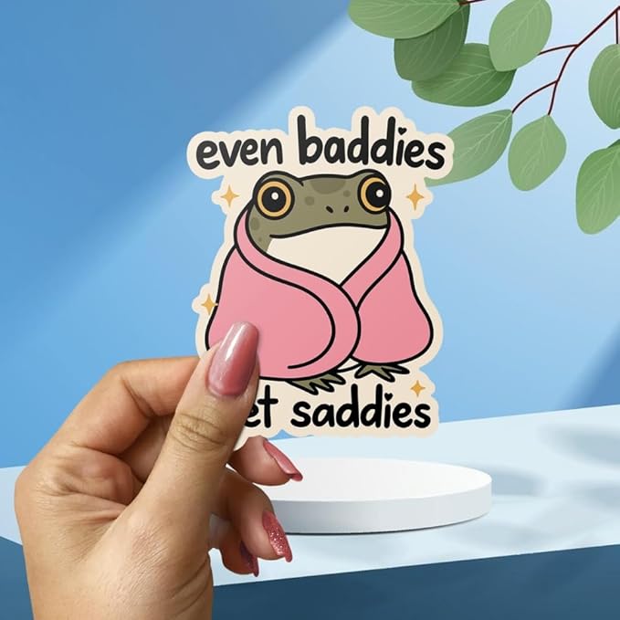 HANDICHI Design 5-Pack 6 Inch Even Baddies Get Saddies Frog Stickers – Funny Mental Health Vinyl Decal Set for Laptops, Water Bottles, Journals & Scrapbooks – Cute Baddie Sticker Pack