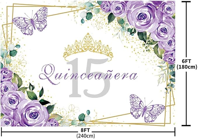 SENDY 8x6ft Quinceañera Backdrop Mis Quince 15 Anos Birthday Party Decoration Supplies for Girl Princess Purple Floral Butterfly Gold Crown Photography Background Banner Photo Booth Studio Props Vinyl