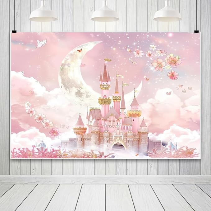 AOFOTO Castle Backdrop Princess Spring Pink Floral Moon Printed Fairy Tale Photography Background for Girl Birthday Baby Shower Party Banner Home Decor Wall Photo Studio Booth Props 10x7ft