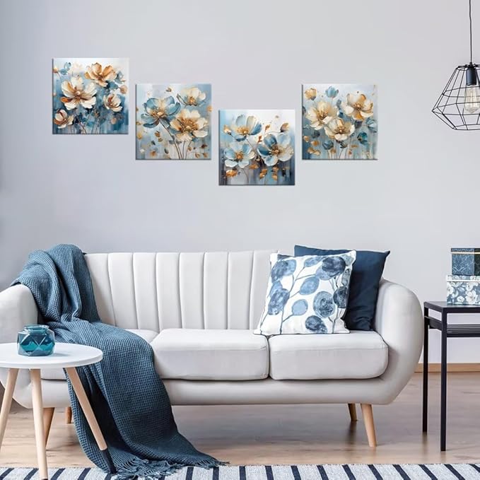 Pankila White Flower Wall Art Floral Pictures Blue and White Canvas Flowers Wall Decor Life Poster for Living Room Bedroom Bathroom Home Decorations Framed Artwork Ready to Hang (24''W x 24''H x 4)
