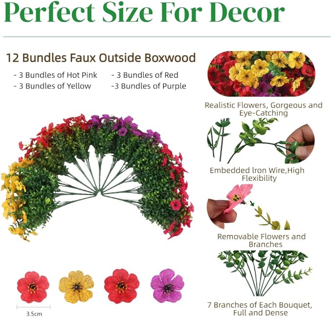 12 Bundles Artificial Flowers for Outdoor, UV Resistant Faux Mums with Eucalyptus Leaves Fake Plants for Outdoor Planters Greenery Boxwood Porch Patio Decoration