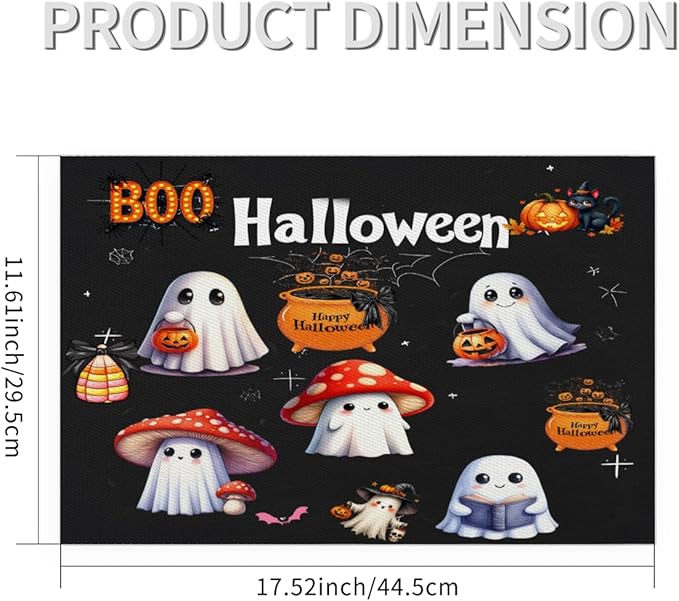 Halloween Ghosts Pumpkin Cute Placemats Set of 6 PVC Vinyl Non Slip Table Mats Heat Resistant Place Mats Washable Wipeable Dining Table Mat for Kitchen Decor Party Indoor Outdoor Decorative Gift