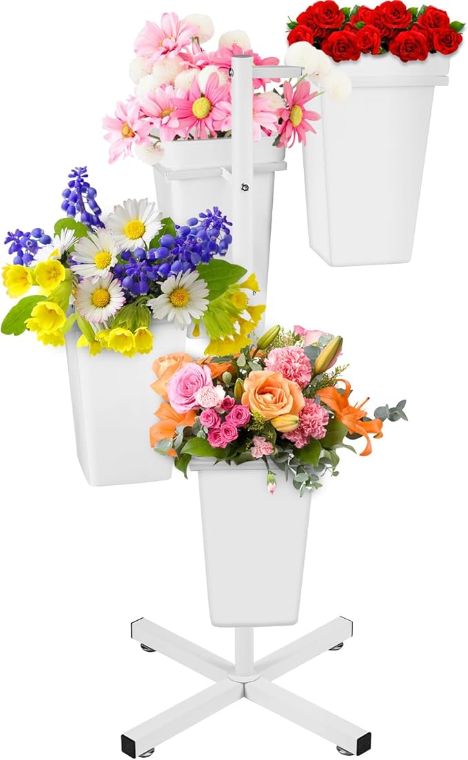 Flower Display Stand with Buckets, Metal Flower Bar Stand Rustic Farmhouse Florist Bouquet Holder Flower Cart Display Shelf for Outdoor Patio Garden Wedding Decor (Square)