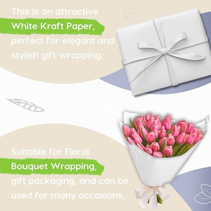 PerkHomy White Kraft Paper Roll 48" x 3,600" (300') for Gift Wrapping Bouquet Flower Art Painting Craft Writing Packaging Shipping 80GSM 55LB (White, 48" x 300')