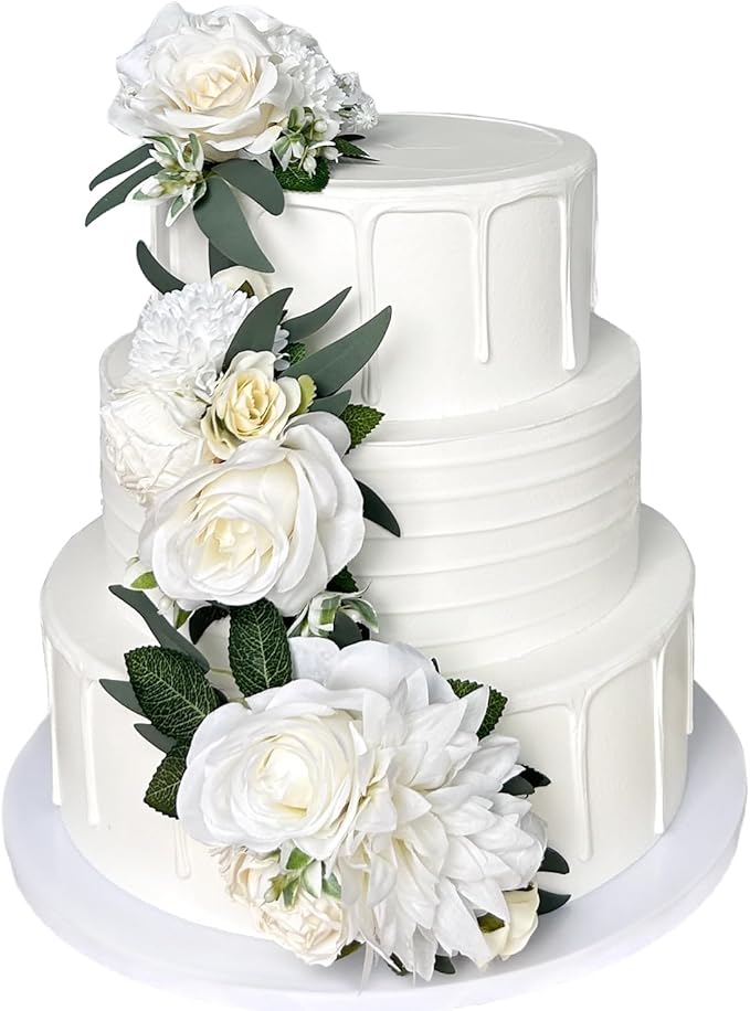 3PCS Ivory White Silk Flowers for Cakes Decorations Artificial Rose Peony Butterfly Wedding Cake Toppers Decorating Fake Floral Anniversary Birthday Party Arrangements Table Centerpieces Pre-Made