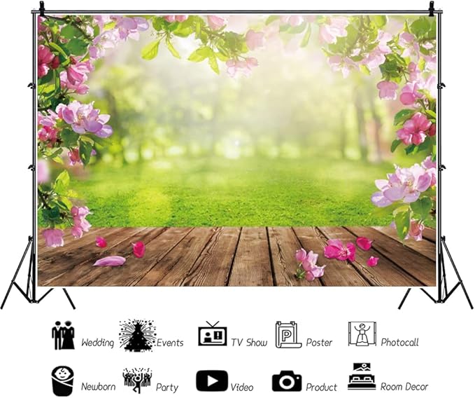 Renaiss 10x7ft Spring Nature Scenery Pink Flower Blossom Green Leaves Wood Floor Park Floral Meadow Photography Background for Wedding Baby Shower Birthday Party Decor Photo Studio Props