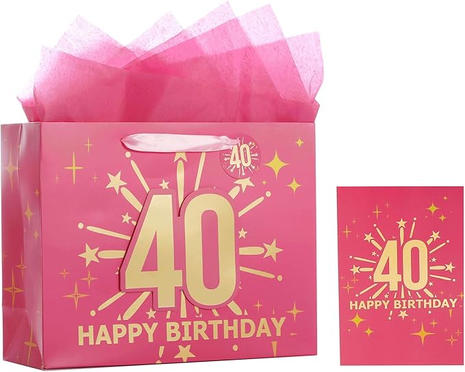 Bloomwords 40th Birthday Gift Bag Set with Card & Tissue – 13" Elegant Keepsake Party Bags for Unisex Anniversaries, Gift Wrapping & Celebrations(Pink)
