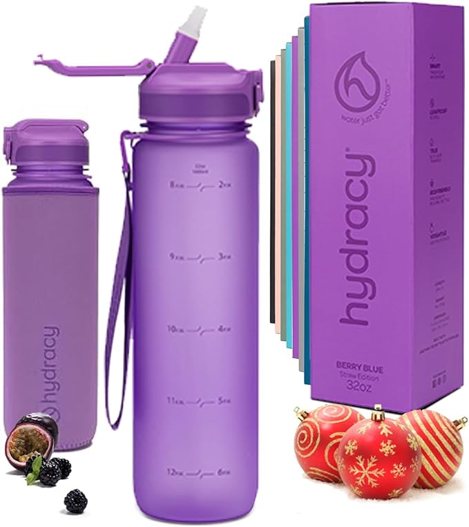 Hydracy Water Bottle with Time Marker -Large BPA Free Water Bottle & No Sweat Sleeve -Leak Proof Gym Bottle with Fruit Infuser Strainer & Times to Drink -Ideal for Fitness Sports & Outdoors