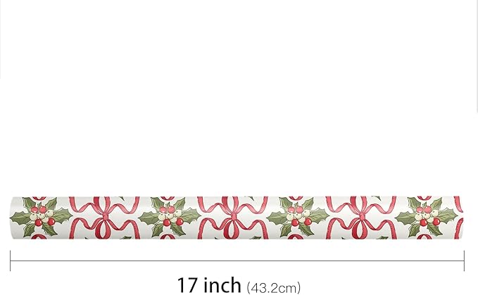 LeZakaa Christmas Wrapping Paper Roll – 17 in x 16.4 ft Gift Wrap with Red Ribbon Bows & Holly Berry Festive Design for Holiday Presents & Party Decorations