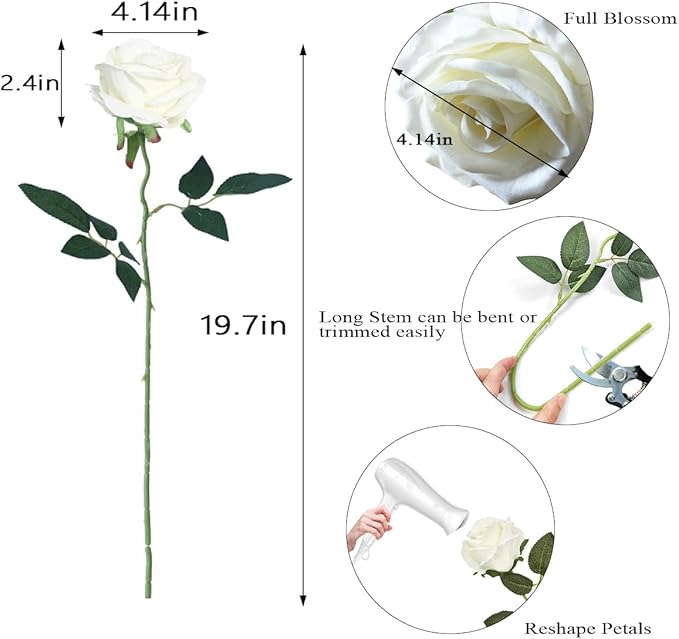 Artificial Roses 50PCS Large Velvet Rose 4.14" Real Touch Fake Flowers in Bulk for Flower Arrangement Wedding Centerpieces Home Party Decor (White)