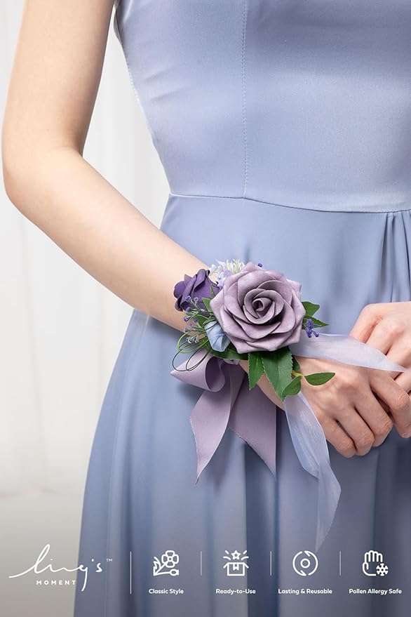 Ling's moment 6pcs Homecoming Wedding Wrist Corsage Artificial Flowers, Girl/Mother Prom Corsages Wristlet Décor, etc. Purple