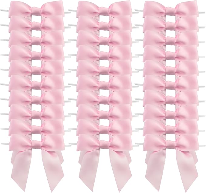 7Rainbows 30pcs Boutique 2.5" Pink Satin Ribbon Twist Tie Bows for Tying Up Packages Gift Wrapping