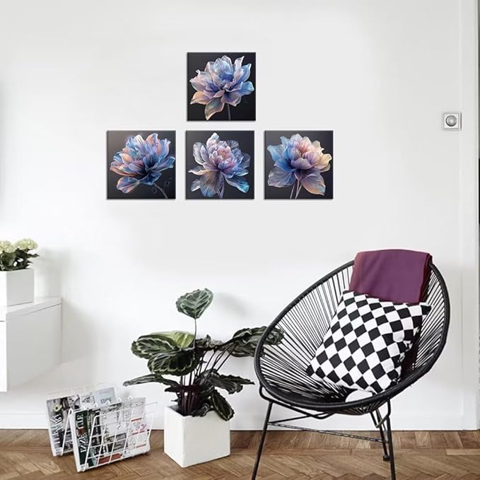 Pankila Blue Flower Wall Art for Living Room Bedroom Bathroom Floral Poster Abstract Canvas Flowers Wall Decor Life Pictures Home Decorations Framed Artwork Ready to Hang (12''W x 12''H x 4)