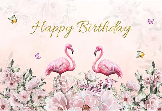 Renaiss 9x6ft Happy Birthday Backdrop Pink Flamingo Theme Birthday Party Photography Background for Girls Daughter Flower Butterfly Cake Table Banner Decor Studio Portrait Pink Photo Props