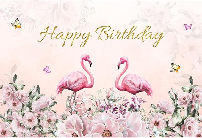 Renaiss 8x6ft Happy Birthday Backdrop Pink Flamingo Theme Birthday Party Photography Background for Girls Daughter Flower Butterfly Cake Table Banner Decor Studio Portrait Pink Photo Props
