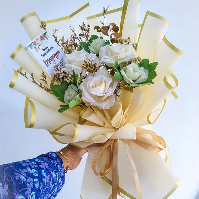WRAPAHOLIC 20 Sheets Flower Wrapping Paper - 22.4 x 22.4 inch Gold Trim Yellow Water-Resistant Floral Bouquet Wrapping Paper, Florist Supplies Packaging Paper for Wedding Birthday Gift DIY