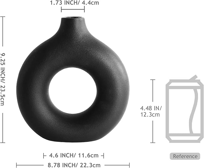 Minimalist Black Donut Ceramic Vase-9 Inch Boho Hollow Flower Vases for Tables Shelves Home Decor, Modern Decorative Circular Vase for Pampas Grass, Dried Flowers, Living Room, Farmhouse