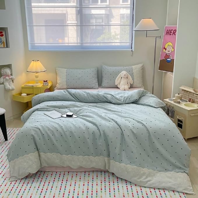 LifeTB Lace Comforter Set Full Size Cute Black Dots Bedding Set Lightweight Soft Girls Princess Style Comforter with 2 Pillowcases Romantic Lace Design Chic Polka Dots Comforter Set for All Seasons