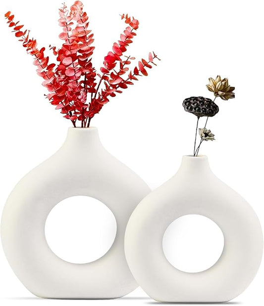 White Ceramic Vase Set of 2, Modern Vases for Centerpieces, Round Matte Donut Vase for Fresh Cut Flowers, Living Room, Console Table, and Spring Decor