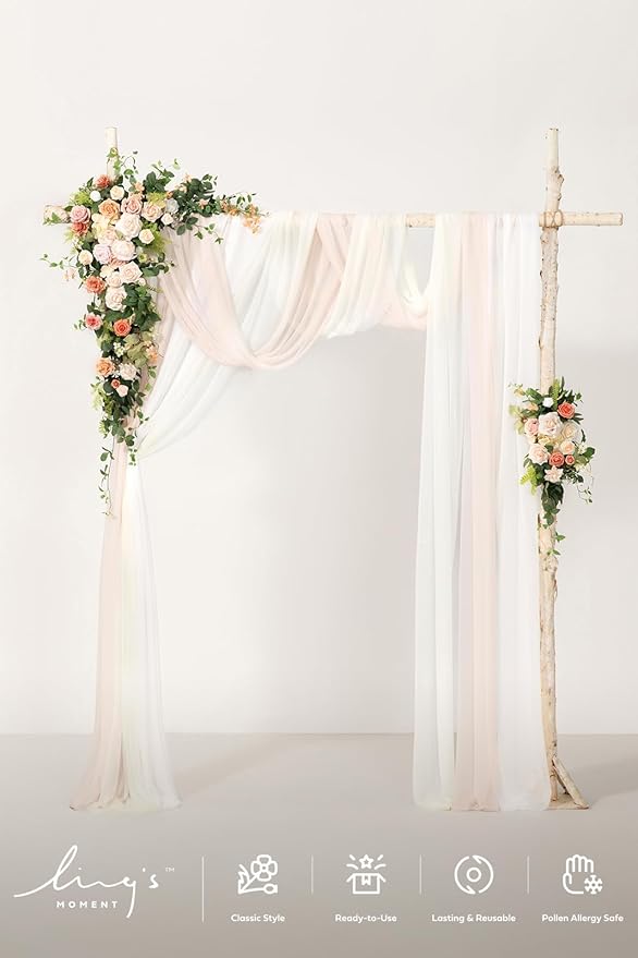 Ling's moment Wedding Arch Flowers with Sheer Drapes Kit - Artificial Spring Pink Rose Floral Arrangements for Garden Ceremony Backdrop, Arbor Decor, 5-Piece Set (2 Flower Stems + 3 Hanging Drapes)