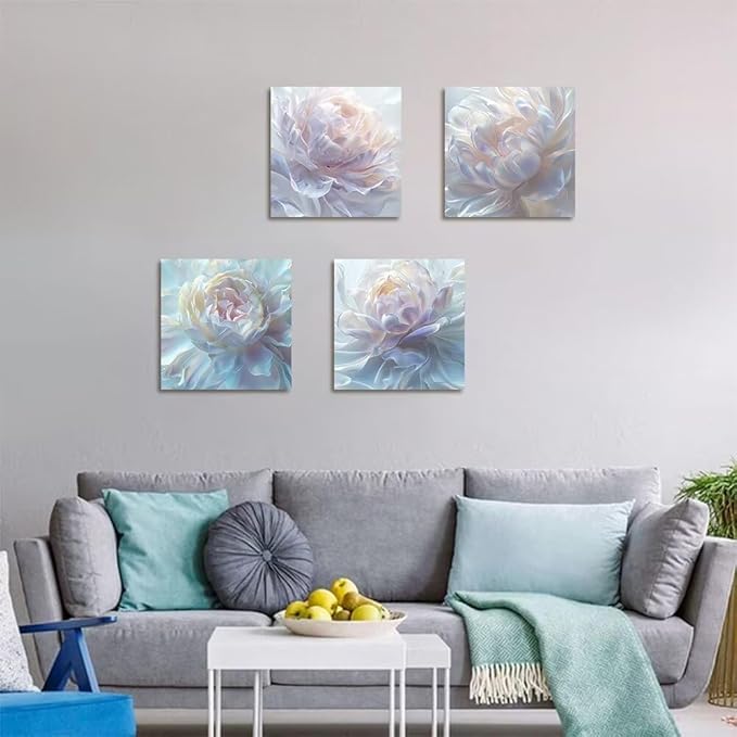 White Flower Canvas Wall Art Floral Pictures Prints Abstract Flower Wall Decor for Living Room Bedroom Bathroom Office Home Decorations Framed Artwork Ready to Hang (12''W x 12''H x 4)