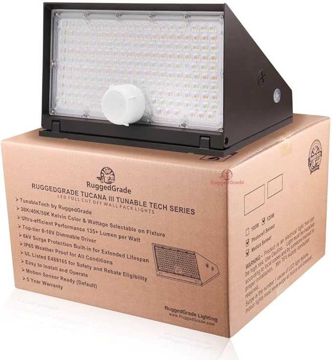 RuggedGrade 120W - Tucana III TunableTech Series - 17,200 Lumens - LED Wall Pack Light with Photocell & Motion Sensor - Color Selectable 3000K/4000K/5000K - Outdoor LED Light - DLC 5.1 Premium