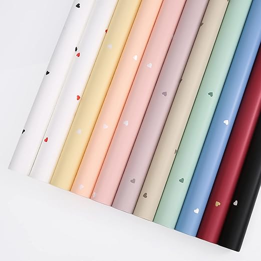 Solid Color Love Heart Flower Wrapping Paper Waterproof Gift Packaging Florist Bouquet Material 20 Sheets 22.8x22.8 Inch (Black White)