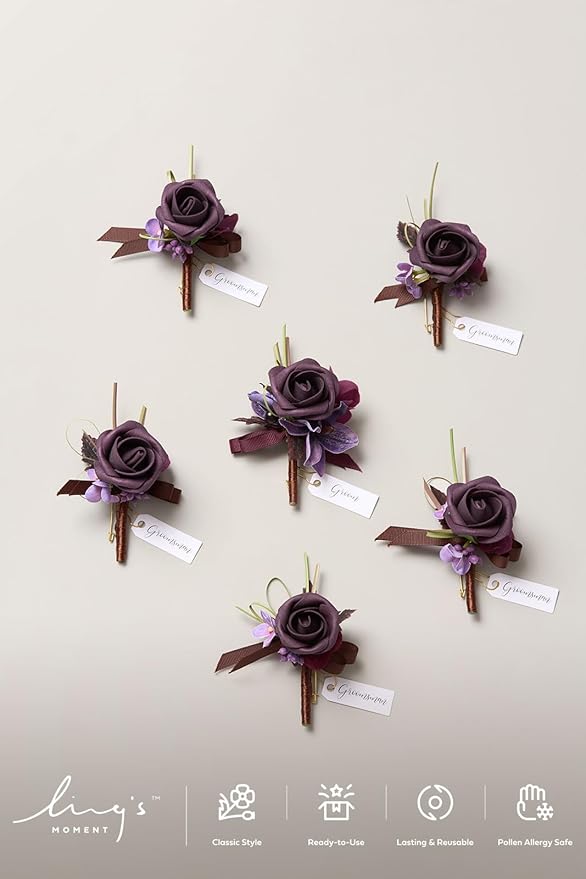 Ling's moment Boutonniere for Men, 6pcs Groom Groomsmen Boutonniere, Artificial Flowers for Wedding Decor/Prom/Homecoming, etc.Deep Purple