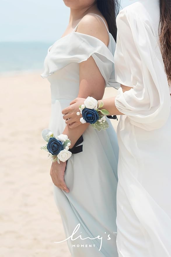 Ling's moment 6pcs Wedding Wrist Corsage Artificial Flowers, Girl/Mother Homecoming Prom Corsages Wristlet Décor, etc. Navy Blue Dark Navy