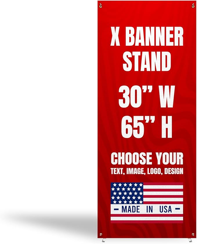 Custom X-Stand Banner with Adjustable Tripod (30”x65”) by BCB Print | Personalized Cross Stand Banner for Advertising & Trade Shows | HD Print Vertical Stand | Express Dispatch+Ship/Made in USA