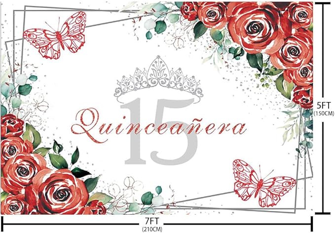 Sendy 7x5ft Quinceañera Backdrop Mis Quince 15 Anos Birthday Party Decoration Supplies for Girl Princess Red Floral Flower Butterfly Silver Crown Photography Background Photo Booth Studio Props