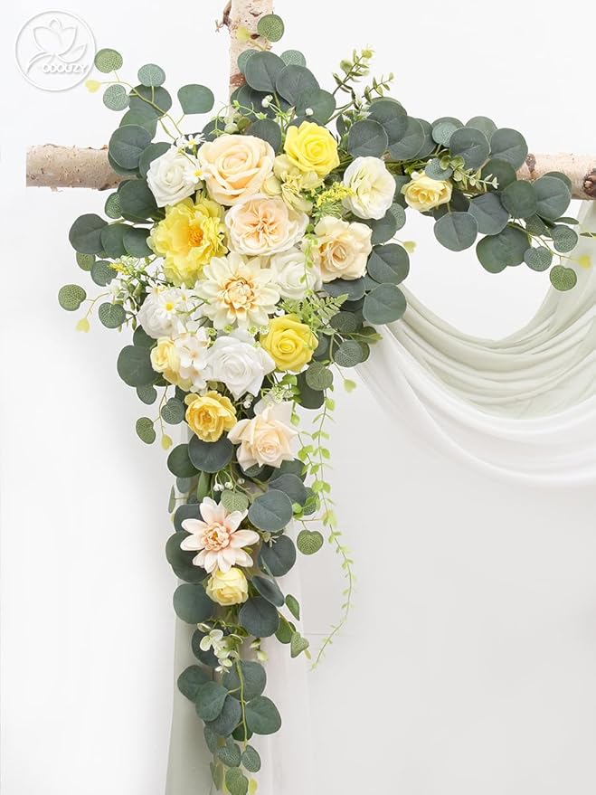 Wedding Arch, Artificial Flowers, Wedding Decor with Drapes (Set of 4)，Be Suited to Banquet, Party, Wedding Decor Ceremony and Background Decoration (Yellow)