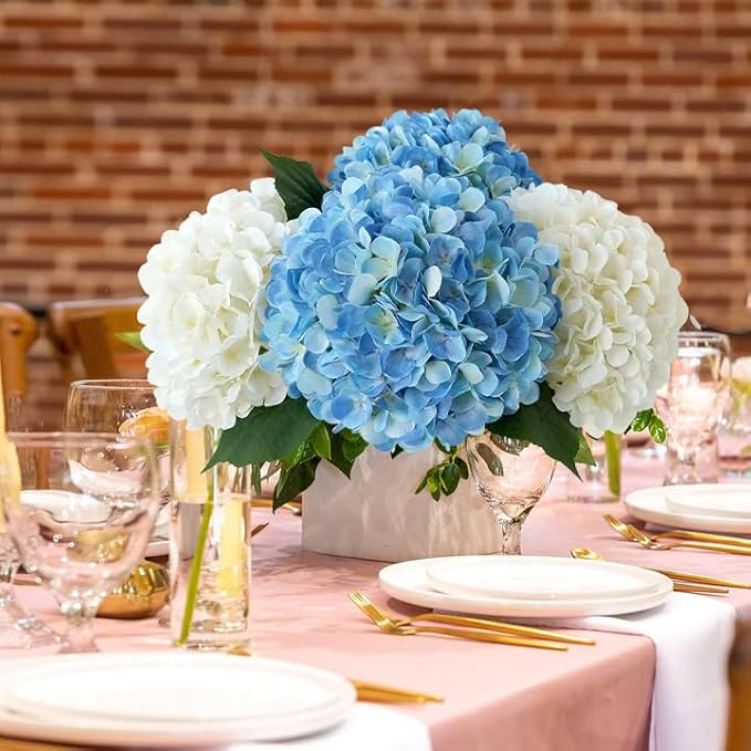 Blue Flowers Hydrangea Artificial Flowers, 4Pcs 22" Large Lifelike Silk Artificial Hydrangeas, Full Fake Flowers for Bouquet Table Centerpieces Outdoor Wedding Indoor Home