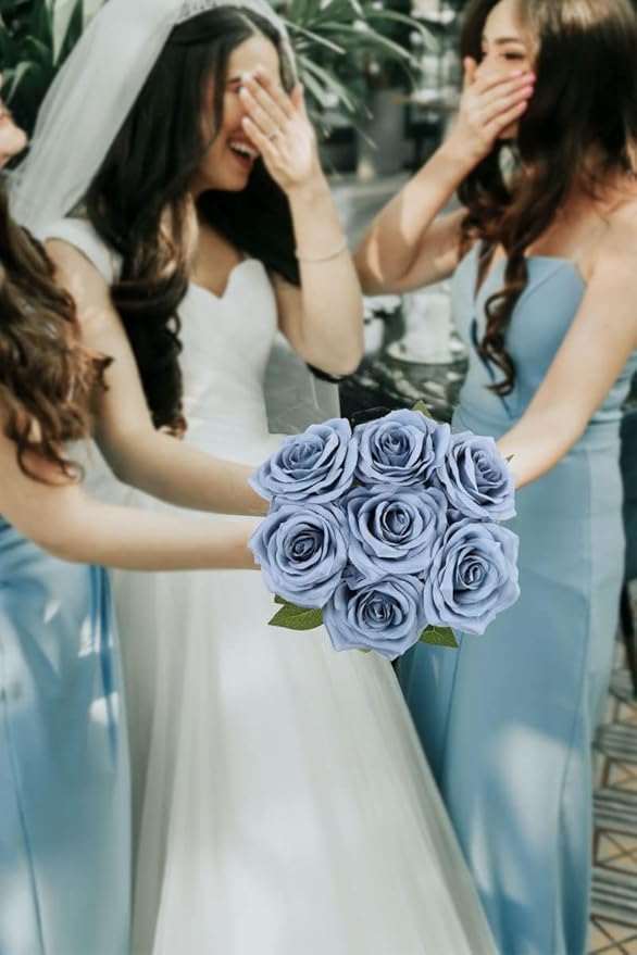 Artificial Rose Flower Dusty Blue Flowers Dusty Blue Roses Silk Flowers 50 pcs with Long Stem Silk Roses Bouquet for Wedding Bridal Shower Party Home Decoration