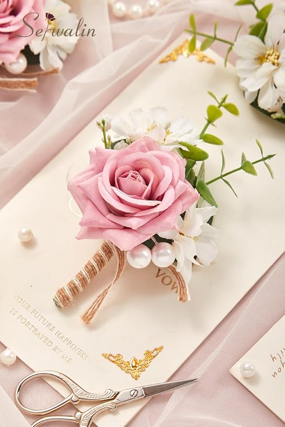 Serwalin 6PCS Pink Rose Boutonniere for Men Wedding Groom Groomsmen Best Man Boutonniere for Wedding Ceremony Anniversary Prom Flowers Formal Dinner Party
