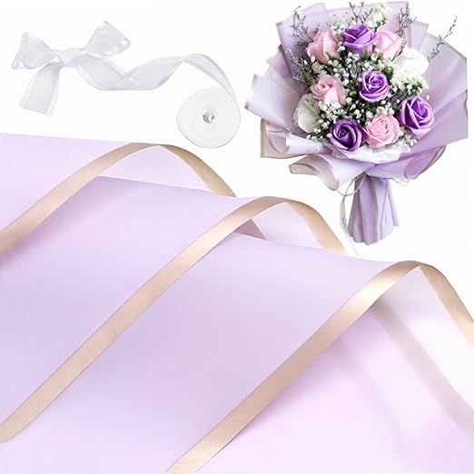 Jutieuo 20 Sheets Purple Flower Wrapping Paper, Waterproof Floral Wrap Gold Edge Bouquet Wrapping Paper Florist Supplies (22.8 x 22.8 inch)
