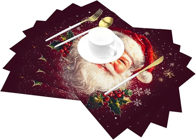 PVC Placemats Set of 6 Wipeable Table Mats Washable Heat Resistant Non Slip Vinyl Dining Table Mat for Kitchen Indoor Outdoor Patio Farmhouse Place Mats Santa Claus Red Xmas Decorative