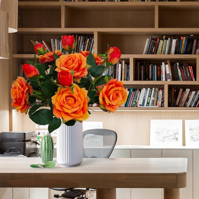 ATFL Fake Sunset Red Flowers, 6 Pcs Faux Silk Real Touch Moisturizing Artificial Rose Flowers for Wedding Decor,Flores Irosas Artificiales para Decoracion(6, Orange)