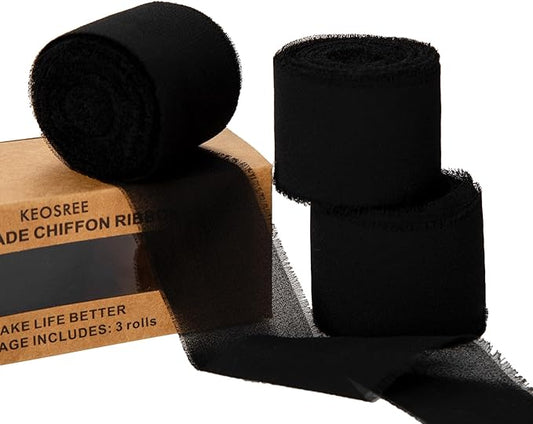 3 Rolls Black Handmade Chiffon Ribbon,1.5" x 21Yd Frayed Fringe Silk Ribbons (3 Rolls *7Yd) for Gifts Wrapping, Wedding Invitations, Bridal Bouquets, Decorations
