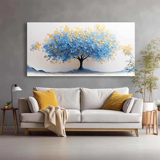 LAVIKARS Modern Tree of Life Wall Art for Living Room Office Navy Blue and Yellow Floral Abstract Landscape Canvas Painting Prints Large Nature Artwork Home Kitchen Bedroom Decor (23x46 Inches)
