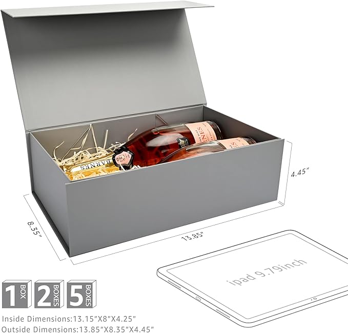 LIFELUM 2 Pack Large Gift Boxes with Lids,13.85 x 8.35 x 4.45 inch Gift Box Rectangle Collapsible Box Groomsmen Gift Boxes for Presents with Ribbon, Card, Shredded Paper Filler