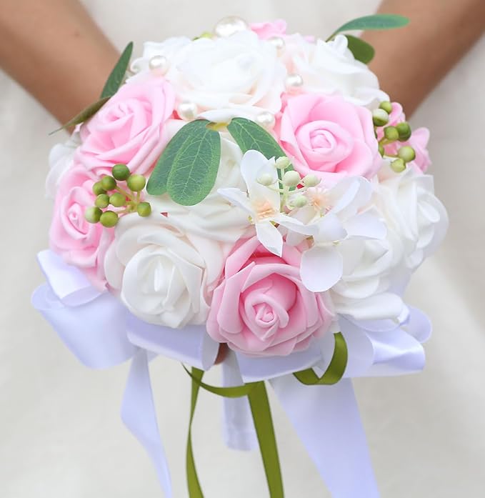 Lightweight Bridal Wedding Bouquet Round Holding Bouquet Throw Toss Artificial Rose Flower Bunch for Bride Bridesmaid Wedding Quinceanera (White & Pink, 9.1")