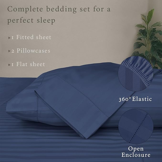 Threadmill 500 Thread Count Queen Size Damask Stripe, 4 Pc Luxury Cotton Sheet Set, Silky Smooth Folkstone Blue Sheets with 16" Elasticized Deep Pocket, 2 Pillowcases & Free Tote Bag